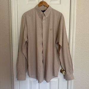Lauren Ralph Lauren Tan Gingham Poplin Casual Button Down Dress Shirt XL Preppy